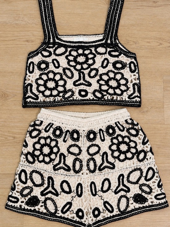 Rebellion Tops - Rebellion Crochet Tank & Shorts Set in Cream and Black